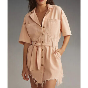 Anthropologie Pilcro Short Sleeve Destructed Denim Mini Dress Size L NWT Pink